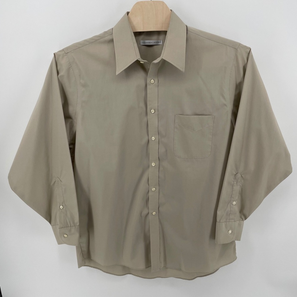Geoffrey Beene Mens XL 17 34/35 Tan Khaki Long Sleeve Button Down Dress Shirt